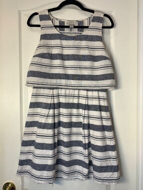 LOFT Nautical Stripe Dress Linen Blend Layered Look Blue White Summer Beach Size